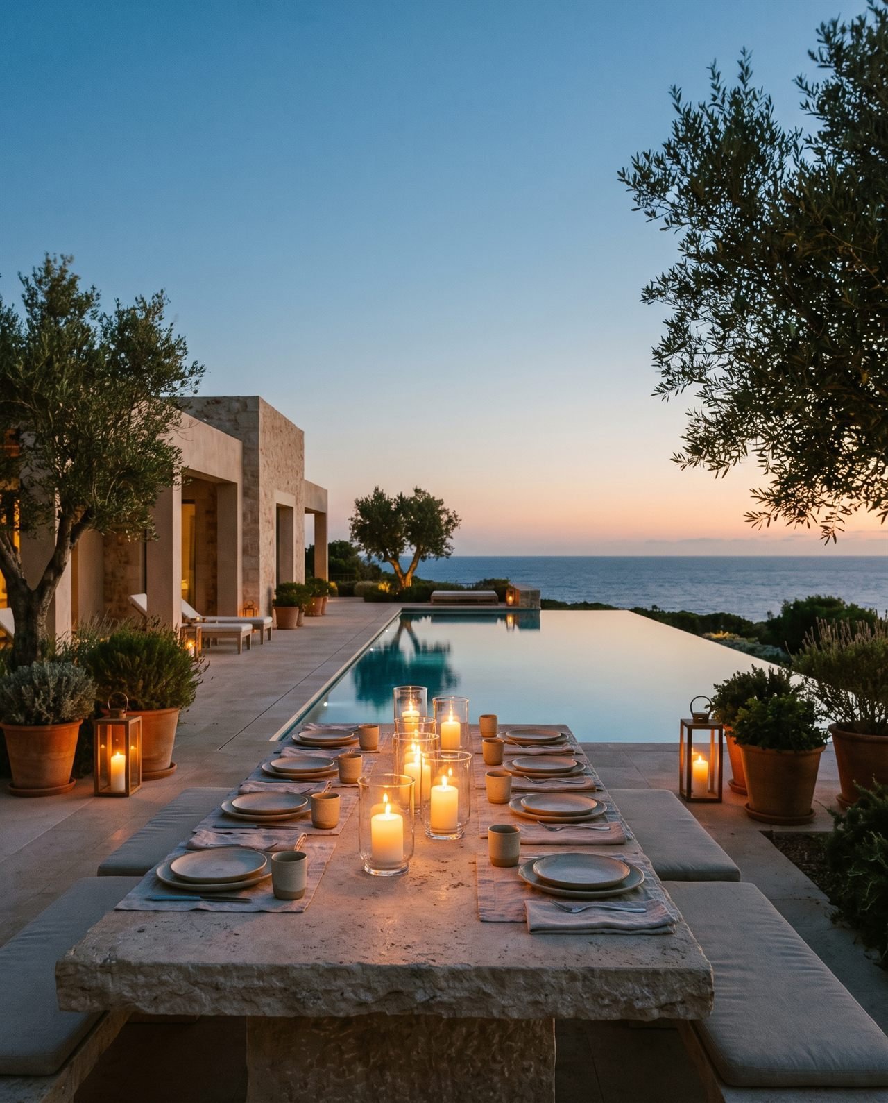 Terraza de una villa contemporánea en Menorca con vistas al mar al anochecer