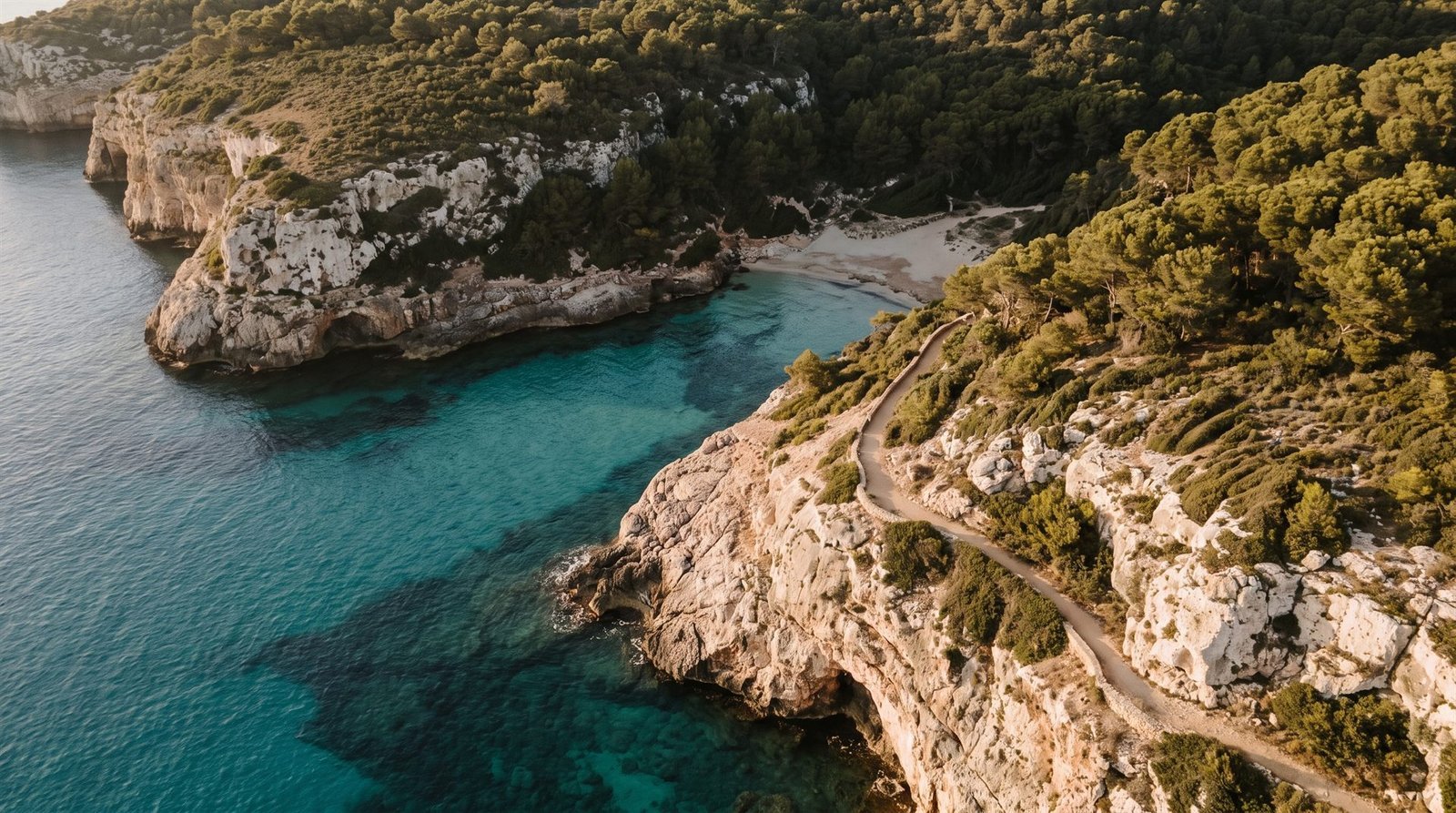 Costa de Menorca con el Camí de Cavalls, aguas turquesas y acantilados de piedra caliza